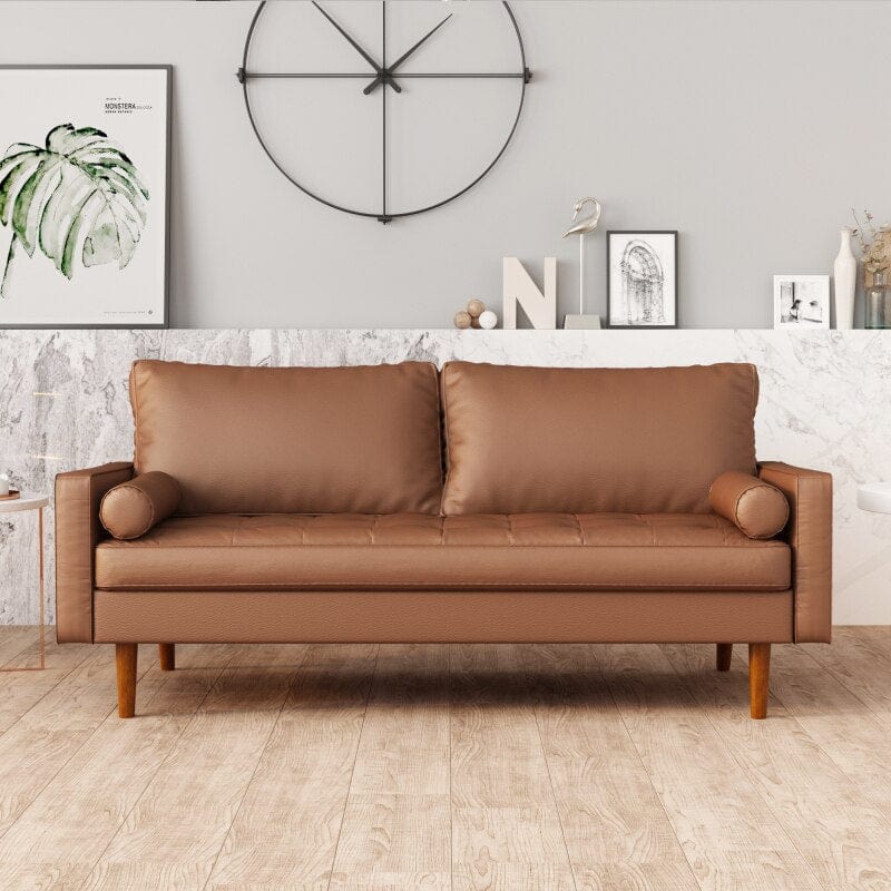 Modern Faux Leather Sofa Couch, Mid-Century Design, Wide Leather and Velvet, Square Arms Sofa with Pillows