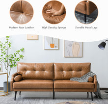 Load image into Gallery viewer, Faux Leather Sofa Couch, 73&#39;&#39; Mid-Century Modern 3 Seater Sofa with Rivet on Armrests and 2 Cylindrica Pillows, Upholstered Couch for Living Room, Bedroom, Office, Cognac Tan