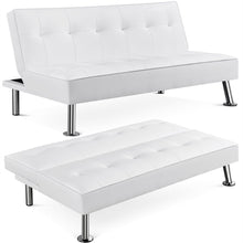 Load image into Gallery viewer, Tufted Faux Leather Sofa Bed Convertible Futon with Chrome Metal Legs, White