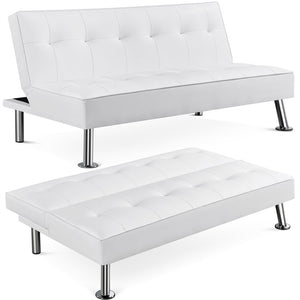 Tufted Faux Leather Sofa Bed Convertible Futon with Chrome Metal Legs, White