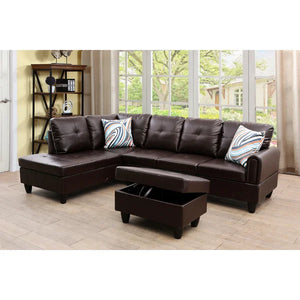 Nina 97" Wide Faux Leather Left Hand Facing Sofa & Chaise with Ottoman