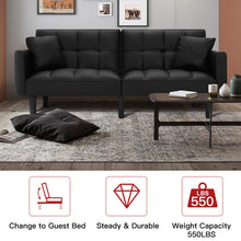 Load image into Gallery viewer, Futon Sofa Bed Modern Convertible Sofa Bed Faux Leather Tufted Upholstered Accent Sofa and Couches with 2 Pillows, Water Resistant Couch Recliner for Living Room, Bedroom, Luxury Black