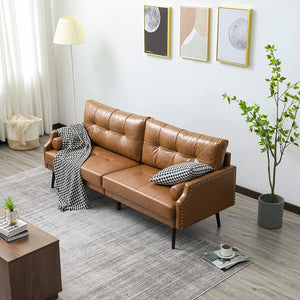 Faux Leather Sofa Couch, 73'' Mid-Century Modern 3 Seater Sofa with Rivet on Armrests and 2 Cylindrica Pillows, Upholstered Couch for Living Room, Bedroom, Office, Cognac Tan