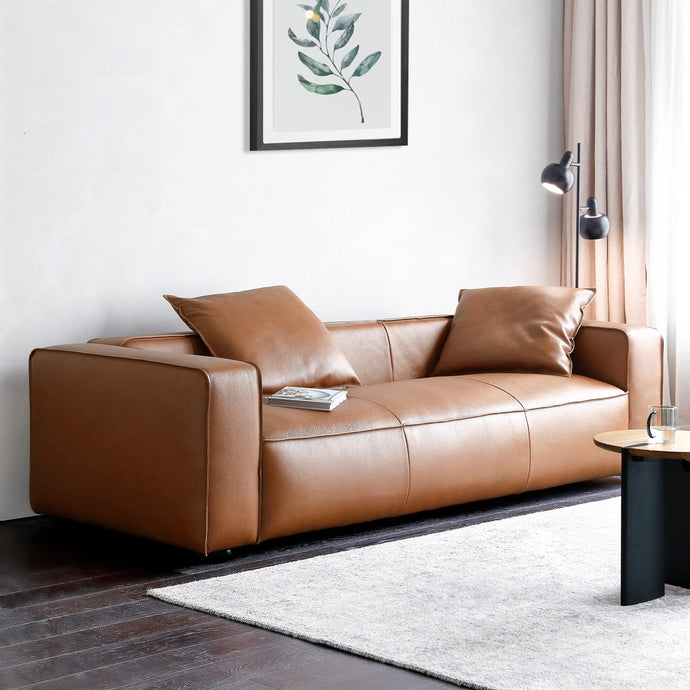 Luxury Mid-Century Modern 3-Seater Lounge Sofa with Extra-Wide Armrest Seat for Living Room Apartment Dorm Bedroom Office, Leather Couch, Brown