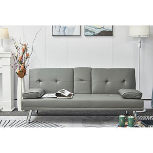 Leather Futon Sofa Bed, Convertible Folding Couch for Living Room, Sectional Sleeper Sofa for Small Space with Cup Holder, Gray