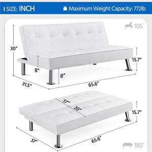 Tufted Faux Leather Sofa Bed Convertible Futon with Chrome Metal Legs, White