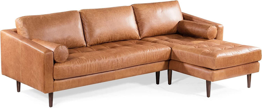 Napa Right Sectional Sofa in Full-Grain Pure-Aniline Italian Leather, Midnight Blue, Cognac Tan, Madagascar Cocoa