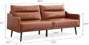 Faux Leather Sofa, Mid Century Modern Couch 73.3 Inch Width, Leather Loveseat for Compact Living Space, Brown Couch