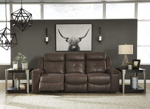 Jesolo Modern Faux Leather Manual Pull Tab Double Reclining Sofa, Dark Brown