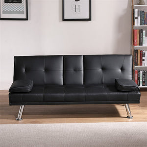 Leather Futon Convertible Sofa Bed, 2 Cup Holders Twin Size