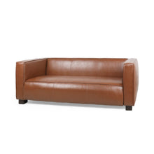 Load image into Gallery viewer, Minkler Contemporary Faux Leather 3 Seater Sofa, Cognac Brown and Dark Walnut