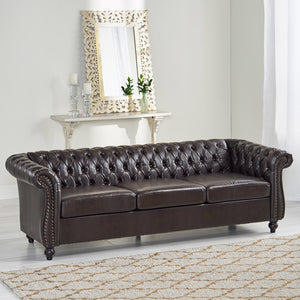 Adetokunbo Chesterfield Tufted 3 Seater Sofa, Brown Faux Leather and Dark Brown