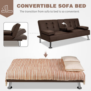 Modern Sofa Bed Faux Leather Couch Convertible Futon with Two Cupholders 