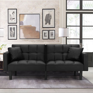 Futon Sofa Bed Modern Convertible Sofa Bed Faux Leather Tufted Upholstered Accent Sofa and Couches with 2 Pillows, Water Resistant Couch Recliner for Living Room, Bedroom, Luxury Black