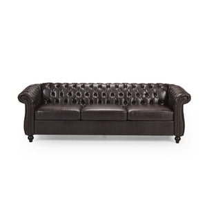 Adetokunbo Chesterfield Tufted 3 Seater Sofa, Brown Faux Leather and Dark Brown