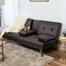 Load image into Gallery viewer, White or Brown Faux Leather Convertible Sofa Futon with 2 Cup Holders