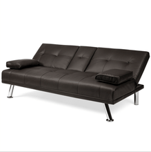 Load image into Gallery viewer, White or Brown Faux Leather Convertible Sofa Futon with 2 Cup Holders